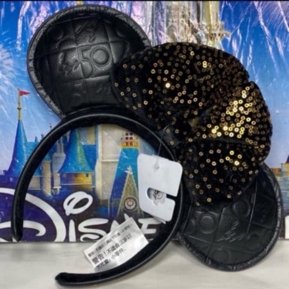 Disney parks 50th anniversary leather and gold Minnie ears NWT